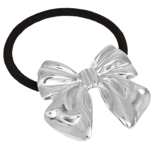 Elegant 304 stainless steel silver bow hair tie with a black elastic band on white background