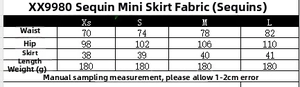 Tableau des tailles détaillé pour la mini-jupe à paillettes femme de la taille XS à L