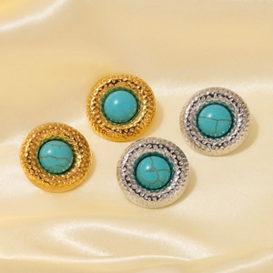 French style hammered metal earrings with turquoise center in gold and silver finish