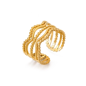 Minimalist gold multilayer open ring featuring bead chain and wavy lines on white background