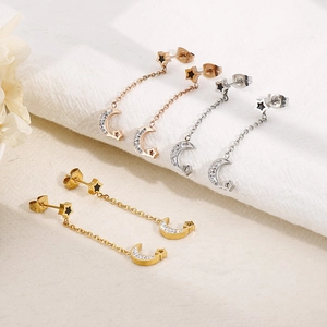 Star and moon tassel earrings in gold, silver, and rose gold with zircon stones