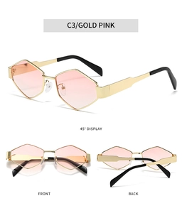 Vistas detalladas multiángulo de gafas de sol geométricas en metal dorado y rosa