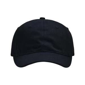 Close-up of a classic black six-panel cotton baseball cap with a curved short brim detail