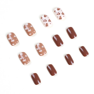 Milk brown leopard print press-on nails set in short square shape with glossy finish