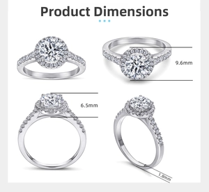 Detail showing 9.6mm halo setting and multi-angle views of the S925 silver ring band