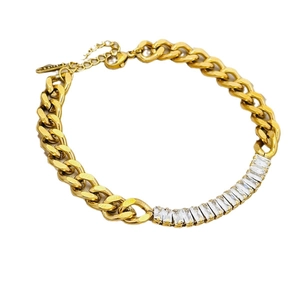 Gold stainless steel Cuban bracelet with geometric rectangle cubic zirconia stones