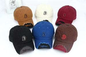Detailed view of six baseball caps with 3D letter D embroidery and frayed brim design
