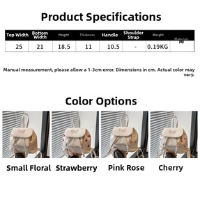 Detailed size specifications for mini floral bucket backpack with four pattern options