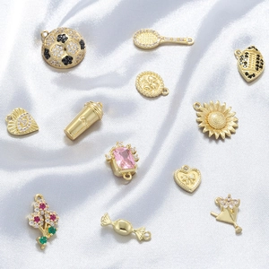 Brass Gold Plated Charms Pendants With Zircon Heart Clover Evil Eye Sunflower Sports Designs For DIY Jewelry Making