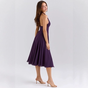 Halter Midi Dress Polyester Chiffon Backless Deep V Neck High Waist Sleeveless Party Evening Elegant Retro Solid Color Women