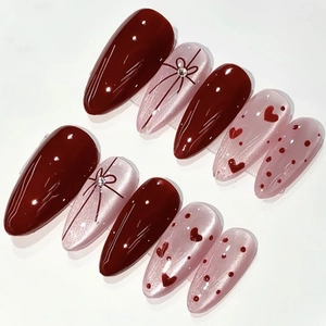 Burgundy Cat Eye Press On Nails Almond Fake Nails With Bow Rhinestone Artificial Pearl Heart Design For Women DIY Manicure
