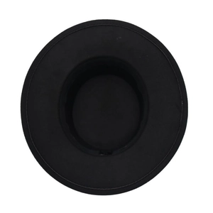 Top-down view of a classic black wool boater hat with a flat brim and indented crown