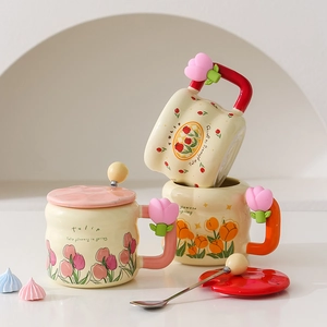Ceramic Mug With Lid And Spoon Tulip Flower Pattern Floral Handle Ins Style Cute Coffee Cup Gift For Women Home Office