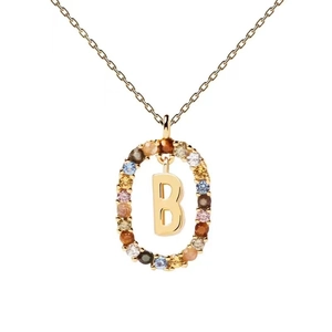 Close-up of gold oval necklace featuring colorful stones and an initial B pendant
