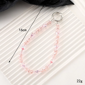 Pink crystal beaded wrist strap keychain with metal ring 16cm length 22g weight