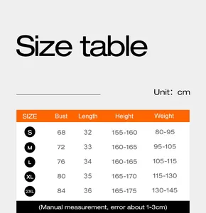 Size chart showing bust, length, height, and weight measurements for sports bras