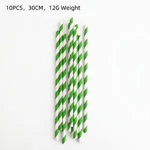 Set of 10 eco-friendly green striped paper straws 30cm for Hawaiian party decoration