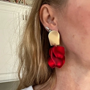 Elegant gold and red floral drop earrings for women with minimalist rose petal design