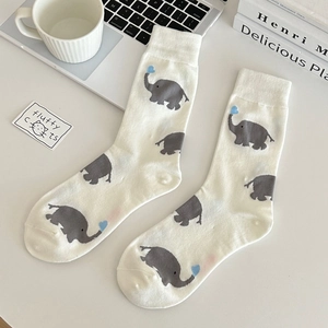 Off-white cotton crew socks featuring cute grey elephant and blue heart patterns