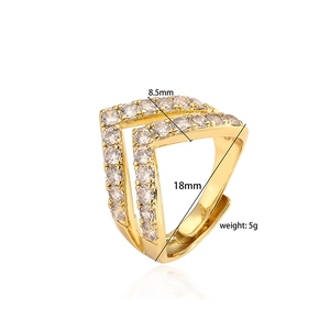 Macro detail of V-shaped gold ring showing 18mm width and 8.5mm height measurements
