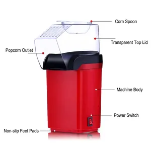 Mini electric hot air popcorn maker in red and black with transparent cover and scoop