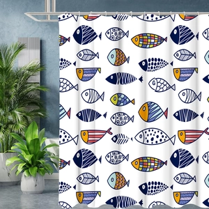 Detail of white shower curtain featuring colorful hand-drawn fish with metal rings