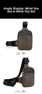 Detalle del bolso de pecho impermeable para hombre con patrón floral marrón y tela negra