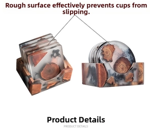 Detail of non-slip resin wood coasters with natural annual rings and storage base