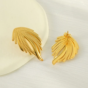 Vintage 18K gold plated stainless steel woven leaf stud earrings with matte texture