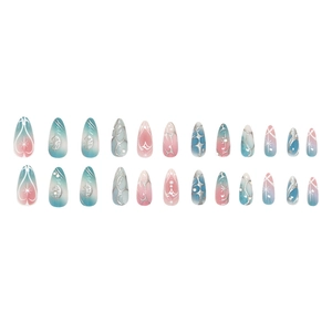 24pcs long pointed press-on nails with metallic lines, stars, pearls, and gradient colors