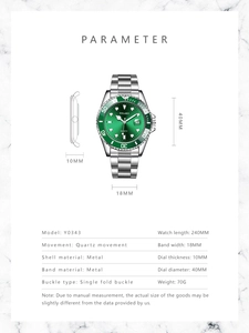 Technical specifications chart of green dial quartz watch with case and strap dimensions
