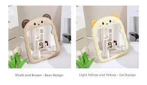 Detail view of cute bear and cat desktop makeup mirrors with colorful ear designs