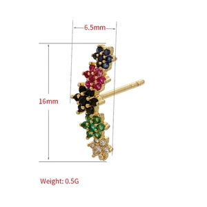 Vertical five-color cubic zirconia flower earrings with gold base in 16mm length