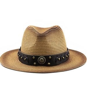 Western Cowboy Straw Hat Vintage Gradient Sun Protection Fedora Breathable With Leather Strap Horseshoe Buckle Travel