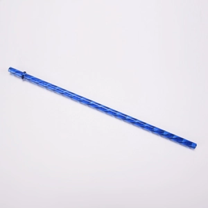 Close-up of a blue spiral TRITAN reusable straw with textured surface and buckle design