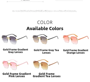 Detailed view of rimless square sunglasses in five gradient lens colors with gold metal frames