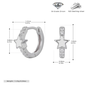 Detail of S925 sterling silver star earring showing dimensions and 5A zircon inlay