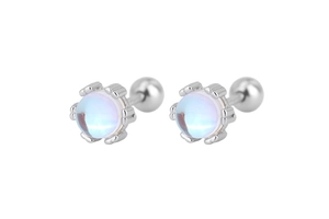Close-up of s925 moonstone stud earrings with secure screw ball backs in silver