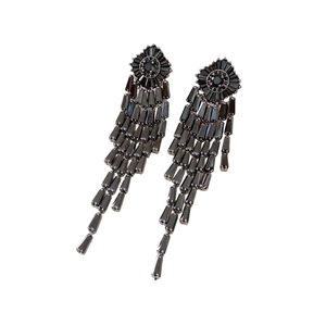 14K gold plated long black gemstone tassel drop earrings in elegant French vintage style