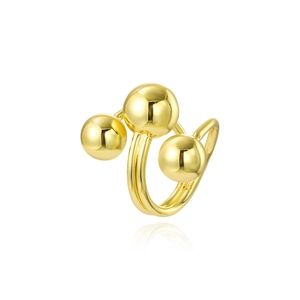 Detailed close-up of 18k gold plated hollow triple ball open ring with polished finish