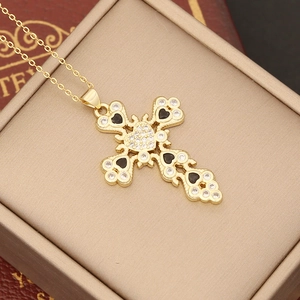 18K gold plated cross pendant necklace with black heart stones and cubic zirconia