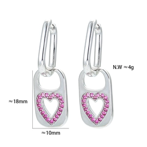 Silver heart lock earrings with pink zircons showing dimensions of 18mm and 10mm