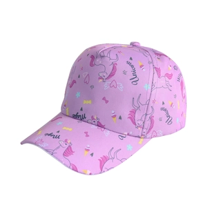 Close-up of pink and purple kids baseball cap with unicorn and magic prints