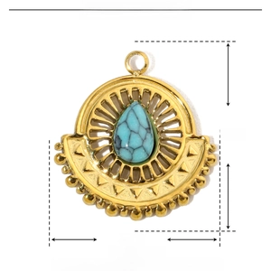 Detailed size chart showing 16mm teardrop natural stone pendant with dimensions and weight