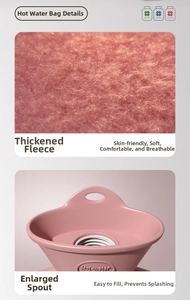 Détail de la housse en peluche rose et large ouverture en entonnoir pour bouillotte