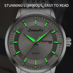 Comudir men's mechanical watch with luminous hands and dual calendar on grey dial