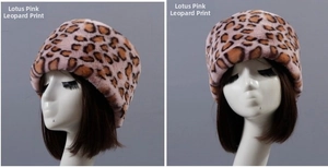 Detailed view of winter faux rabbit fur plush leopard print hat in mauve color