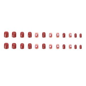 24pcs short square round press-on nails with red gradient and white heart designs