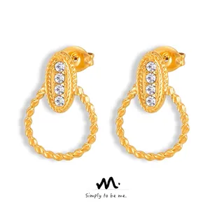 French Vintage Stainless Steel Twist Hoop Drop Earrings For Women Gold Silver Plated Rhinestone Inlaid Elegant Jewelry