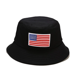 Black cotton bucket hat with American flag embroidery patch and sun protection brim